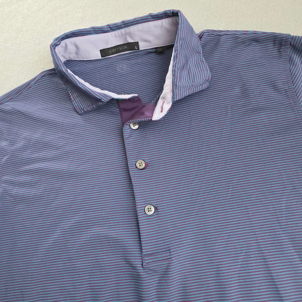 Greyson Mens Large Purple Teal Striped Short Sleeve Golf Polo Shirt Stretch